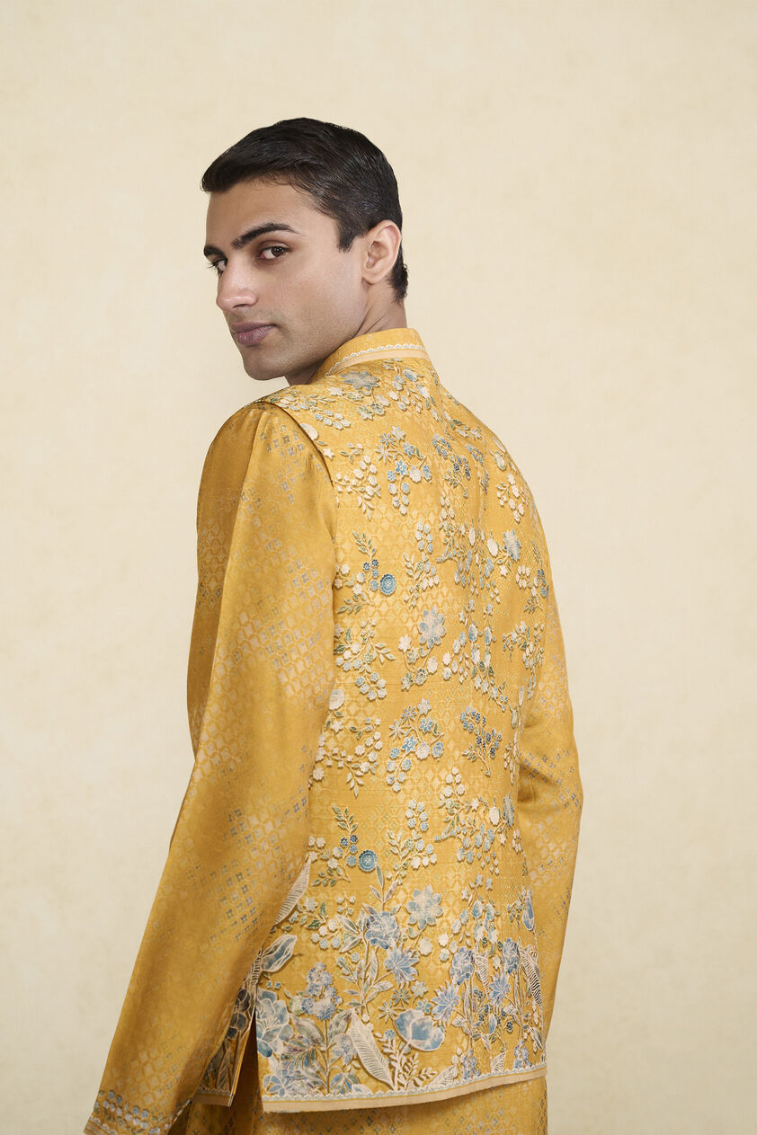 Zarghun Printed Silk Nehru Jacket - Mustard, Mustard, image 6